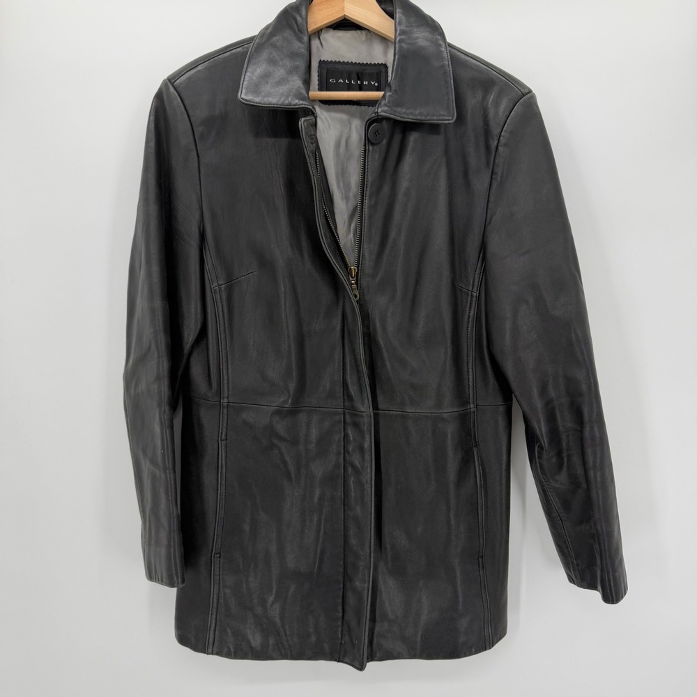 Gallery Black Genuine Leather Jacket Women's M Y2K Minimalist Longline Classic
